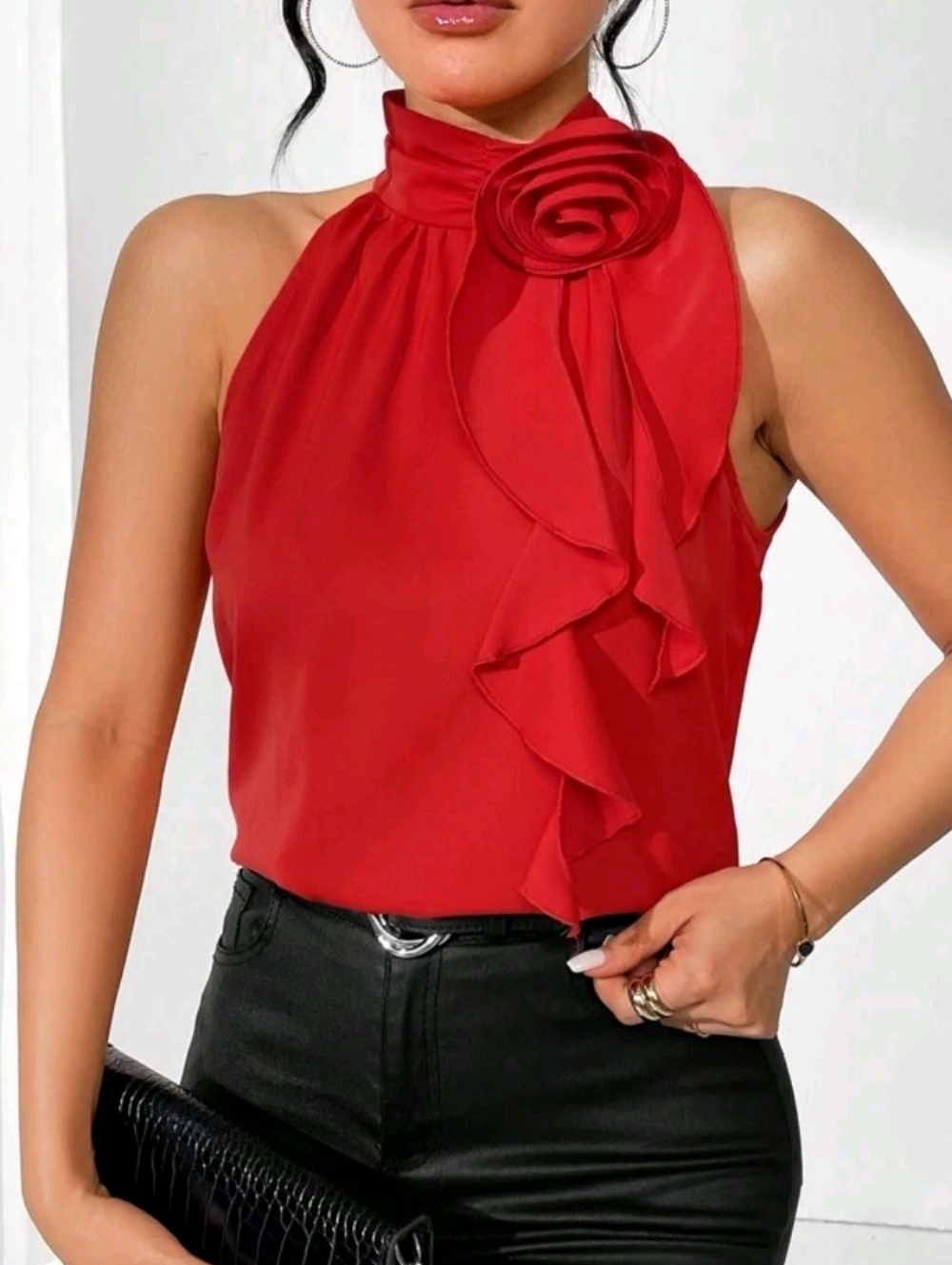 Red Halter Neck Ruffle With Removeable  Rosette